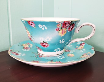 Footed Cup and Saucer Set Shabby Rose Turquoise by GRACE'S TEAWARE