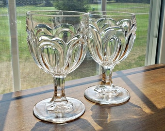 Antique Glass EAPG pair of Water Goblets SENECA LOOP pattern, Collectible Glass Gift idea, Anniversary gift for Her and Him, Flint Glass