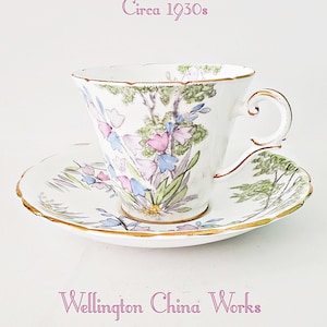 Vintage English Teacup and Saucer by Wellington, Delicate Bone China, Pastel Bellflowers, Harebells pattern, Gift for her
