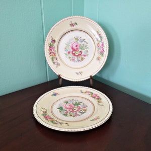 May include: Two cream-colored vintage plates with a floral design. The plates feature a central bouquet of pink roses and blue flowers, surrounded by a gold rim and a textured edge. The plates are displayed on a dark brown surface.