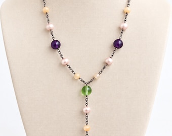 Y2K Lariat Necklace, 2000s Purple Green Beaded Necklace, Faux Pearl Y Necklace, Silver Tone Costume Jewelry, 10 Inch