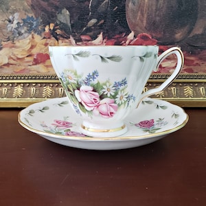 RIDGWAY POTTERIES Royal Vale Brand, Vintage English Teacup & Saucer, Bone China,  Roses  Daisies pattern,  Bridal Gift, Collectible Teacup