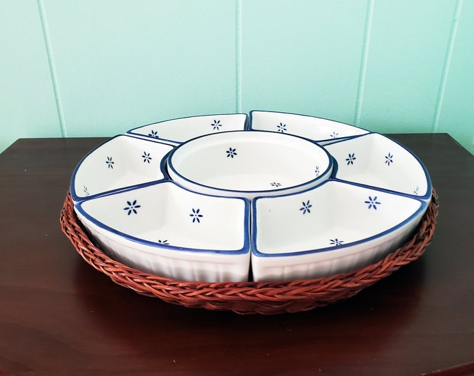 Stoneware Appetizer Serving Set, Round Wicker Basket With Round Central Bowl and 6 Tidbit Bowls