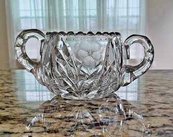 American Brilliant Flower Period Lead Crystal Hand-cut Glass, Open Sugar Bowl with Two Handles,  Replacement ABP sugar bowl, Collectible