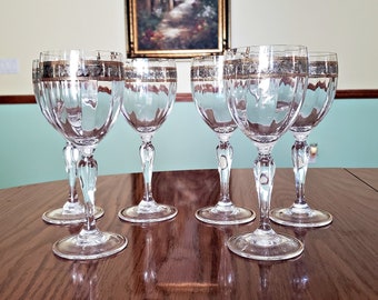 Crystal Wine Glasses, Louis XVI Style Goblets, Optic Paneled Glass with Gold and Silver Etched Design on Rim, Set of 6, Italian glass