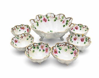 Juego de cuencos de porcelana fina japonesa vintage – Estilo Moriage pintado a mano, detalles dorados, juego de 7 piezas