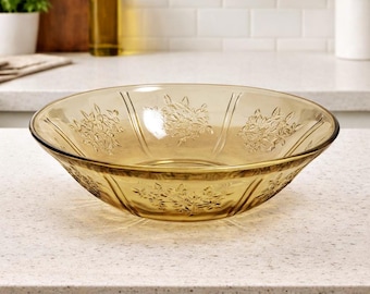 Depression Federal Glass Large Fruits Bowl 8" -  Yellow / Amber Sharon / Cabbage Rose Pattern - Circa 1930s