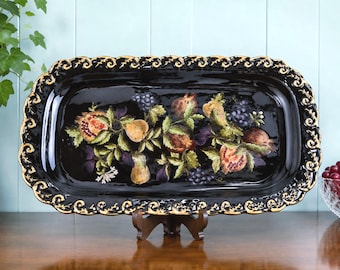 Raymond Waites Pompeii Serving Platter, Vintage Certified International Ceramic Tray, Large 18" Colorful Black Retro Tableware