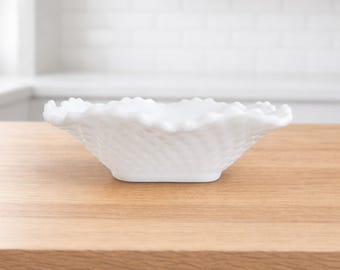 Vintage LE Smith Milk Glass 6" Bowl | Scalloped Edge Diamond Pattern Dish | Mid-Century Decor