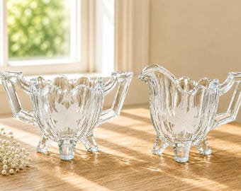Antique Indiana Glass Creamer & Sugar Bowl Set | EAPG Clear Fluted Colonial Quadruped Daisy Pattern c.1910-1920
