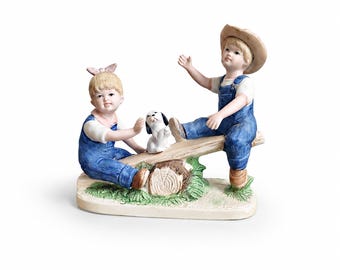 Vintage HOMCO Denim Days Playtime Figurine 1985,  #8827 Danny Debbie Seesaw Porcelain Bisque Farm Decor