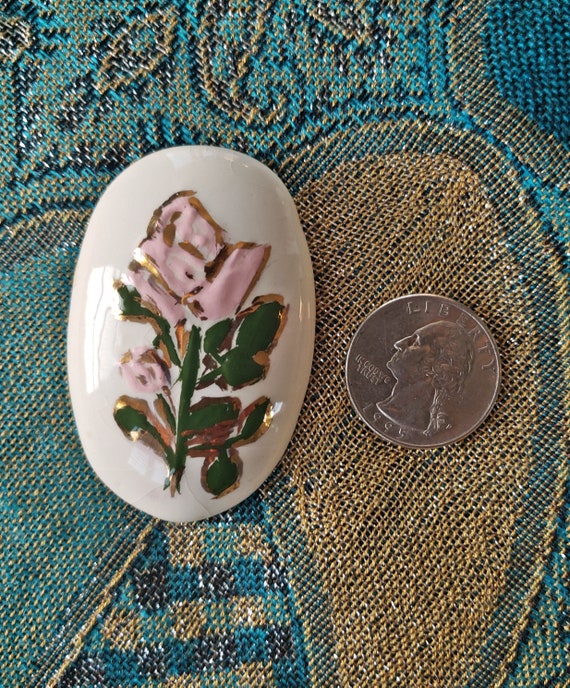 Hand-Crafted White Ceramic Oval Brooch with Pink … - image 6