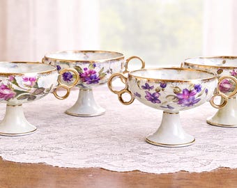 Vintage Royal Sealy Floral Pedestal Compote Sipper Cups, Double Handle Dessert Dishes