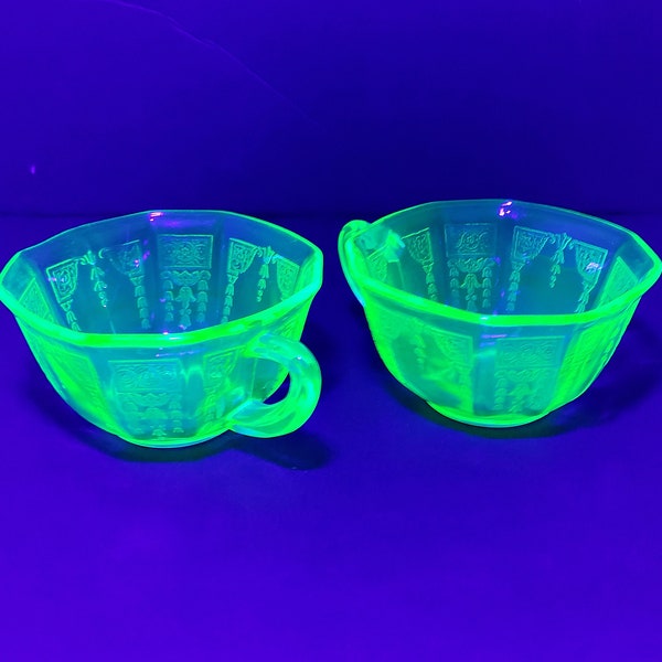 Pair of ANCHOR HOCKING Uranium Glass Cups, PRINCESS Pattern,  Depression Vaseline Uranium Glass, Collectible Vintage Glassware