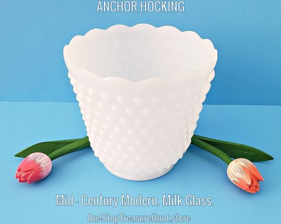 Vintage Anchor Hocking Milk Glass Planter: Hobnail & Bars, Mid-Century Decor