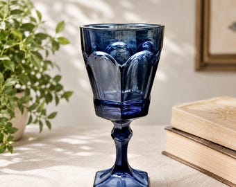 Vintage Fostoria Virginia Cobalt Blue Water Goblet 7.25” – Pressed Glass Stemware – Replacement Glass