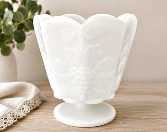 Vintage Anchor Hocking Milk Glass Footed Dish| E.O. Brody Co. | Grape & Leaves pattern Farmhouse Kitchen Decor |