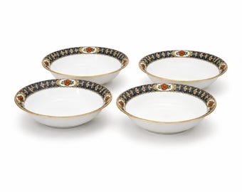 Royal Bayreuth ROB154 Finger Bowls Set of 4, Vintage Bavaria Porcelain, Blue Scrolls Rust Flowers, Gold Trim, Discontinued China