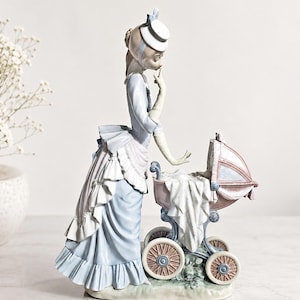 Może przedstawiać: Porcelanowa figurka przedstawiająca postać w długiej, jasnoniebiesko-białej sukni z falbanami i małym kapeluszu, stojącą obok wózka dziecięcego w stylu vintage. Postać trzyma palec przy ustach w geście uciszania, patrząc w stronę wózka.
