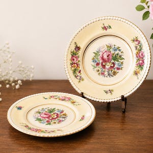 May include: Two antique porcelain plates with floral designs. The plates have a cream-colored background with a gold rim and a central floral arrangement in pink, blue, and yellow. One plate is displayed on a small stand.