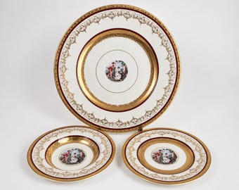 Vintage La Petite China Place Setting, Made in Japan, 22K Gold, Mythological Nymph Scene, Dinner Plate, Bread & Butter Plate, Finger Bowl