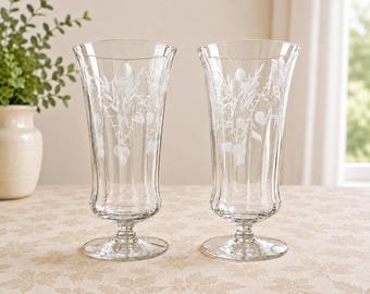 Vintage Footed Tumblers Pair, Panel Optic Glass, Gray Cut Botanical Design