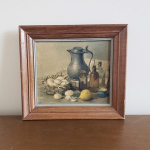 Impresión litográfica vintage sobre cartón texturizado con marco de madera, Naturaleza muerta de HENK BOS, Decoración rústica para el hogar, cocinas de campo y de granja.