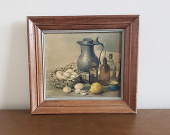 Vintage Litho Print on textured Cardboard with Wooden Frame, Still Life by HENK BOS, Rustic Home Decor, Farmhouse and Country Kitchen Decor