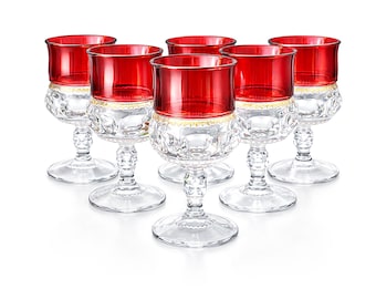 Vintage Ruby Flash Water Goblets Wine Glasses – Set of 6 | Tiffin Franciscan King’s Crown Thumbprint | Mid Century Glassware