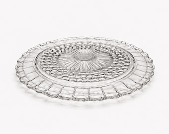 Vintage Federal Glass Tri-Footed Cake Platter: Sunburst & Bubble Dots, Mid-Century Tableware