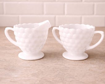 Anchor Hocking Milk Glass Sugar Bowl and Creamer Set –  Bubble Pattern, Mid Century Farmhouse
