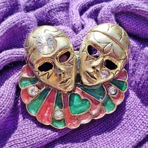 Vintage Enameled Art Deco style Brooch Harlequin Venice Masquerade Mask