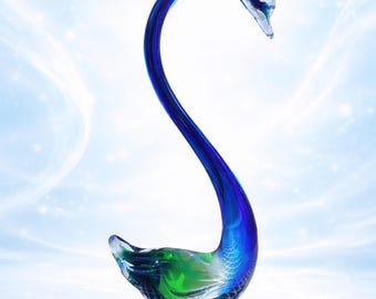 Vintage Murano Style Swan – Cobalt Blue Green Blown Glass Bird 12” Tall