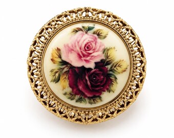 Vintage Rose Brooch Pendant, Victorian Inspired Floral Jewelry, Pink Burgundy Roses, Gold Tone Filigree Pin, Convertible Brooch