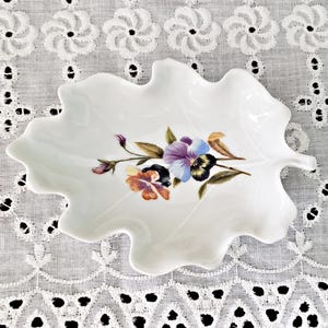 LIMOGES Porcelain for CHAMART - Miniature Trinket / Ring Dish in Leaf Shape with Pansies Design - Vintage French Porcelain Collectible