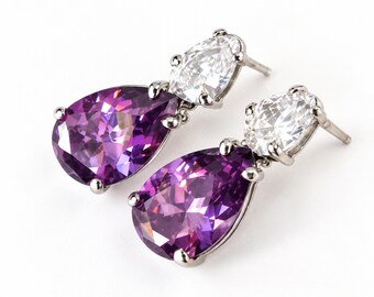 Vintage Amethyst Drop Earrings, Sterling Silver 925 FAS, Purple Teardrop Gemstones, 1990s Macy's Jewelry