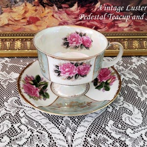 Taza de té y platillo japoneses vintage - Taza de pedestal de loza lustrosa - Porcelana de color verde azulado y rosas rosadas - Pequeña idea de regalo
