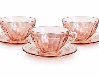 Taza de té y platillo de cristal de depresión rosa con diseño de pilar Anchor Hocking, modelo cabaña de troncos, 1937-1942, coleccionable vintage