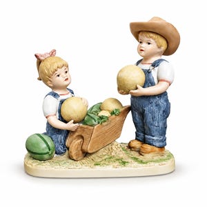 Vintage HOMCO Denim Days The Melon Patch Figurine 1985 #1512 Porcelain Bisque Danny & Debbie Farm Country Cottage Decor