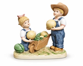 Vintage HOMCO Denim Days The Melon Patch Figurine 1985 #1512 Porcelain Bisque Danny & Debbie Farm Country Cottage Decor