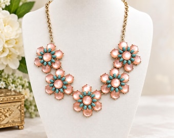 Vintage 2000s Floral Bib Statement Necklace – Peach Pearlescent & Blue-Green Cabochons – Gold Tone