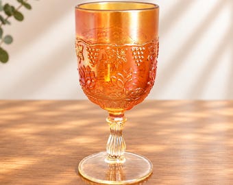 Vintage Amber Marigold Goblet Grape Leaf Pressed Glass Wine Goblet Mid Century Stemware Fenton Style Collectible