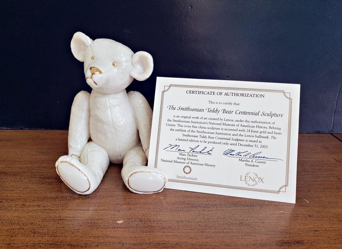 Lenox Smithsonian Teddy Bear Figurine W/ COA - Ivory Porcelain Gold ...