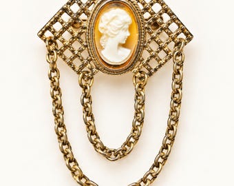 Vintage Cameo Brooch, Victorian Revival Pin with Double Chain Swags, Gold Tone Lattice Filigree, Lady Portrait Jewelry