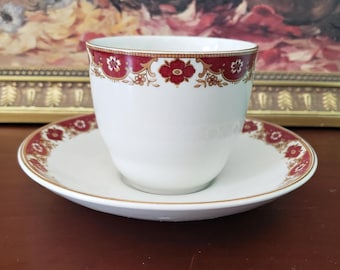 Vintage John Maddock & Sons England Teacup with Saucer, Red Gold Floral Border, Restaurant Ware 1930s, MAD9