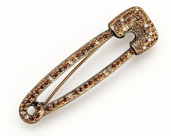 Vintage TASHA Brooch Pin, Safety Pin Style Rhinestone Brooch, Bronze Tone, Brown Amber & Clear Rhinestones, Vintage Costume Jewelry