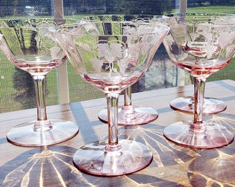 Antique Tiffin-Franciscan Tall Sherbets/Champagne Glasses Set - Etched Grape Clusters and Leaves pattern - Elegant Pink Glass Depression Era