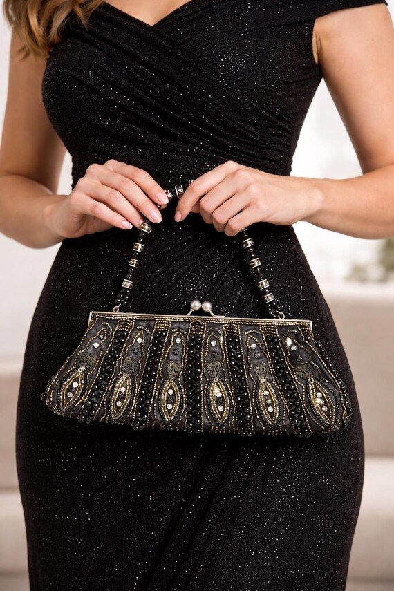 Beaded Evening Purse  Black Rhinestone Handbag  Formal Clutch Bag   Mosaic Bead Handle  Like New - Etsy Israel