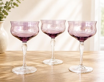 Vintage Cranberry Lustre Champagne Glasses Set of 3, Blown Glass, West Virginia Specialty Co.