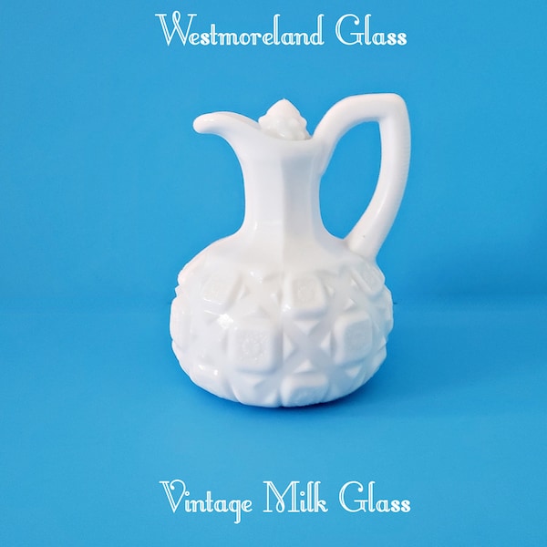 WESTMORELAND Milk Glass Cruet in OLD QUILT Pattern, Vintage Kitchen, Oils and Vinegars Cruet